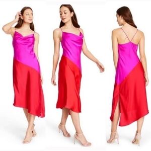 CUSHNIE x Target Pink Orange Colorblock Stretchy Satin Racerback Cowl Neck Dress